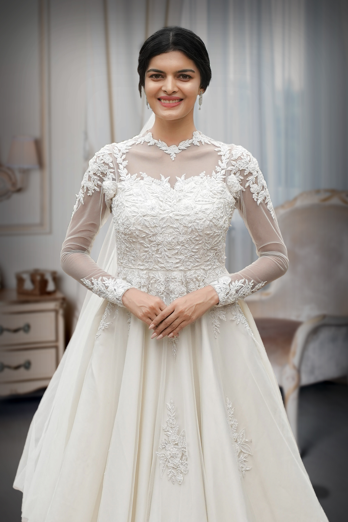 bridal dress high neck Lace Mermaid High Neck Long Sleeves Beach Wedding Dresses, Bridal Gown,  MW618