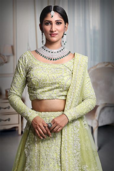 Pista green heavy thread work and jarkan stone work lehenga | PoshRobe