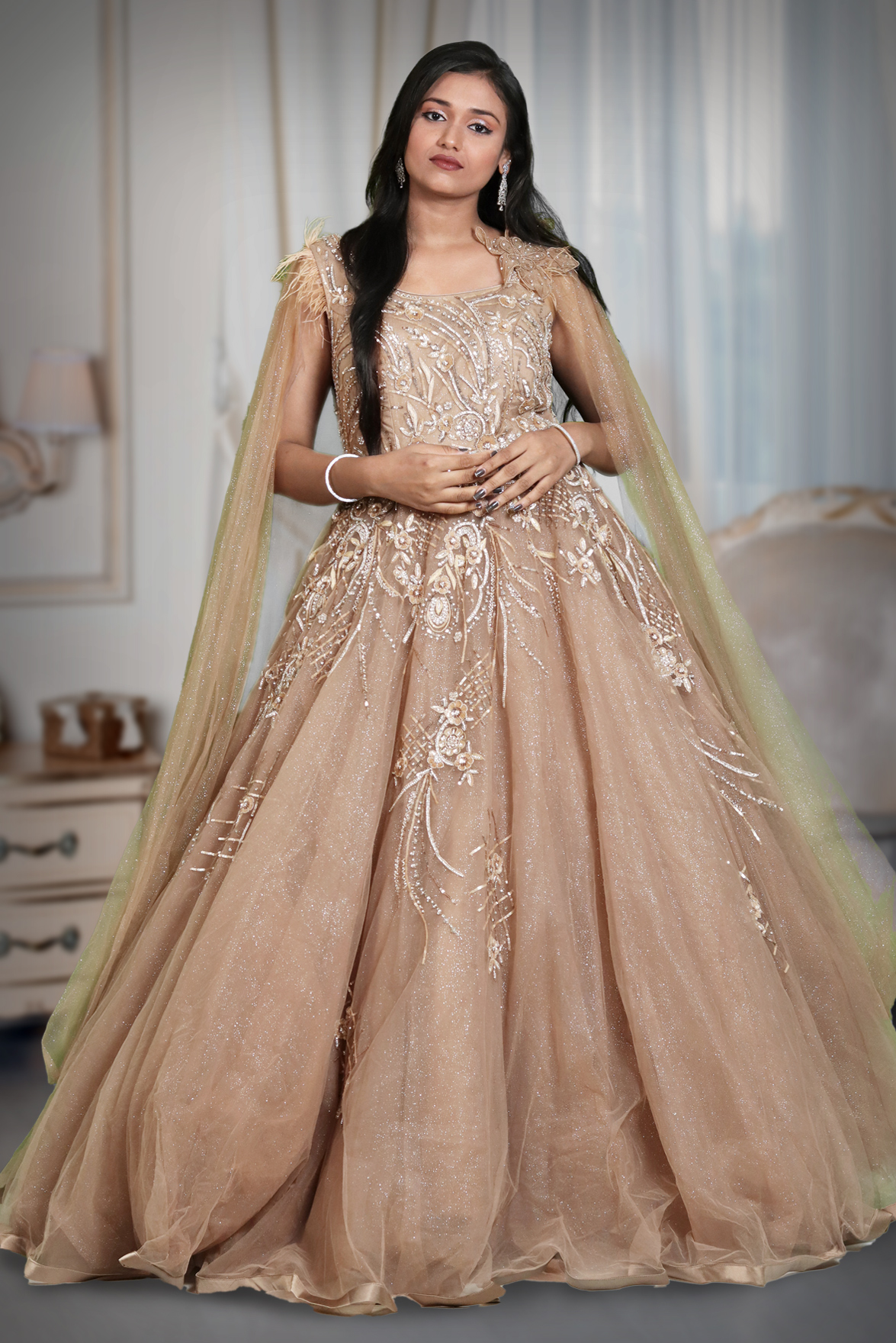 Light brown glitter net trail sleeve gown | PoshRobe