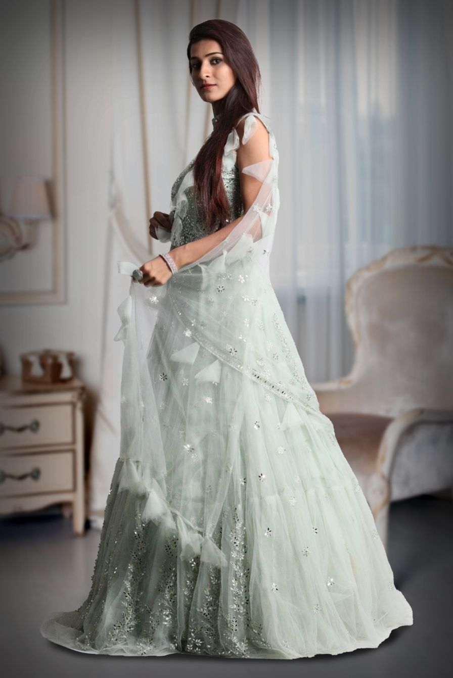 Pastel Green Colour Heavy Stone Work Sleeveless Gown With Draped Dupatta  With Detailed Embellishment Work | PoshRobe