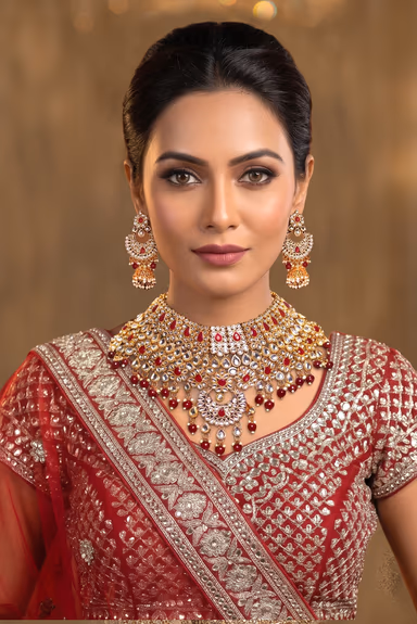 Ethnic Indian Traditional Gold Plated Kundan Jewellery Set With Ruby Red Stone And Beads Detailing — view 1 of 3