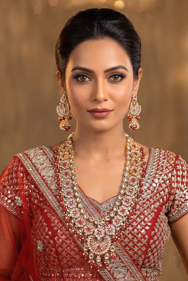 Ethnic Indian Traditional Gold Plated Kundan Jewellery Set With Ruby Red Stone And Beads Detailing — view 2 of 3