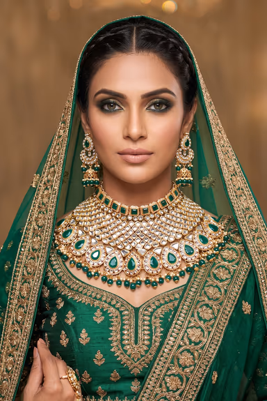 Gold Plated Maharani Bridal Jewellery Set In Green Stone Detailing — view 1 of 5