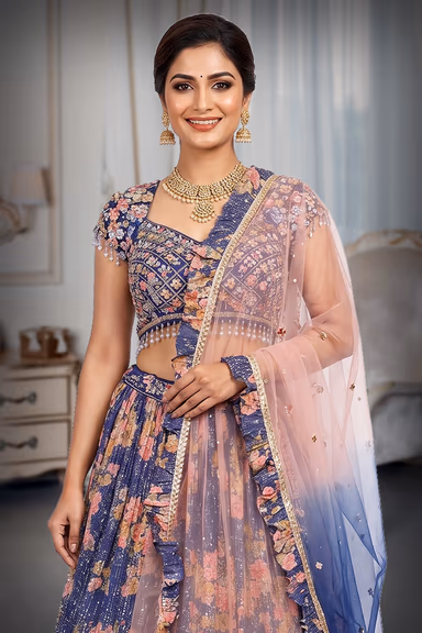 Purple Floral Printed Lehenga Choli with Blush Pink Ombre Dupatta — view 1 of 4