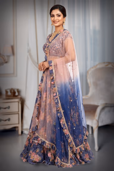 Purple Floral Printed Lehenga Choli with Blush Pink Ombre Dupatta — view 3 of 4