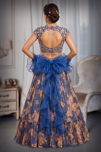 Purple Floral Printed Lehenga Choli with Blush Pink Ombre Dupatta — view 4 of 4