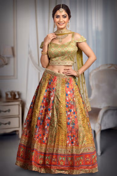 Yellow Haldi Lehenga With Multi Color Embellishments Detail In Skirt Part Along With Cold Shoulder Crop Top — view 2 of 3