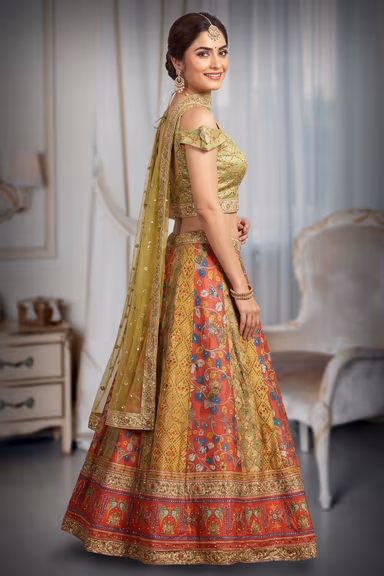 Yellow Haldi Lehenga With Multi Color Embellishments Detail In Skirt Part Along With Cold Shoulder Crop Top — view 3 of 3