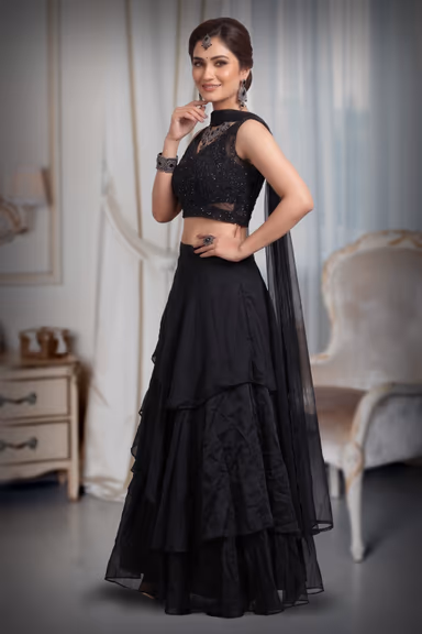 Black Multilayered Pre Wedding Lehenga With Stone Work Detailed Crop Top And Same Color Dupatta — view 3 of 3