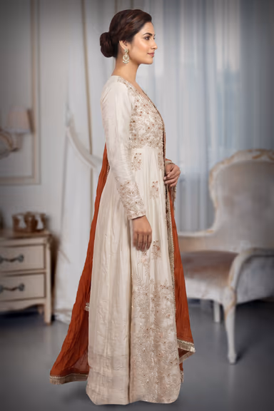 Elegant Cream Anarkali Paired With Rust Dupatta. — view 3 of 3