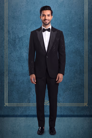 Sophisticated Black Tuxedo Set Accented With Shimmering Sequin Embroidery On The Shoulder And Sleeve Finished… — view 1 of 3