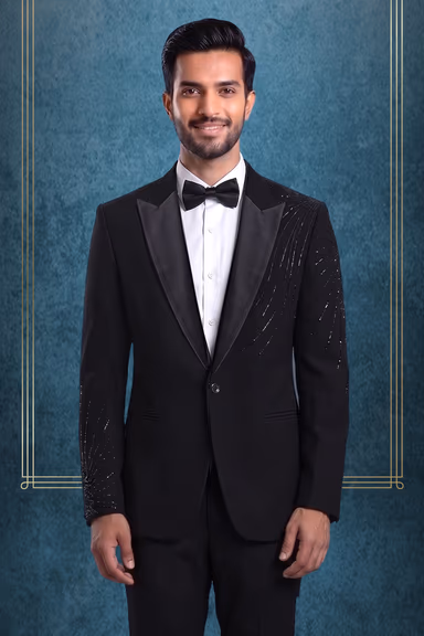 Sophisticated Black Tuxedo Set Accented With Shimmering Sequin Embroidery On The Shoulder And Sleeve Finished… — view 2 of 3