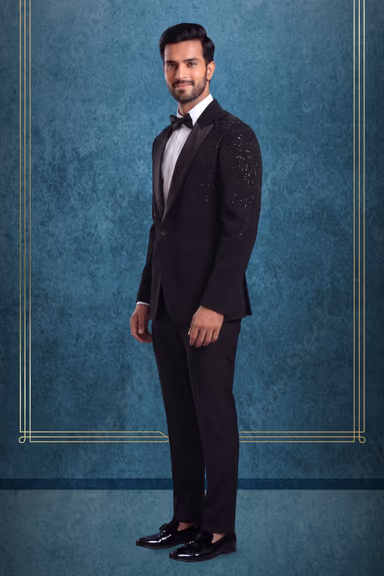 Sophisticated Black Tuxedo Set Accented With Shimmering Sequin Embroidery On The Shoulder And Sleeve Finished… — view 3 of 3