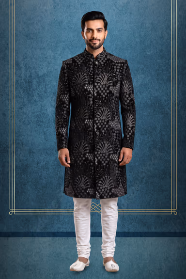 Luxurious Black Velvet Sherwani Showcasing Majestic Silver Geometric And Floral Embroidery Throughout… — view 1 of 3