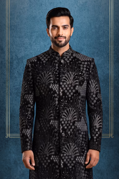 Luxurious Black Velvet Sherwani Showcasing Majestic Silver Geometric And Floral Embroidery Throughout… — view 2 of 3