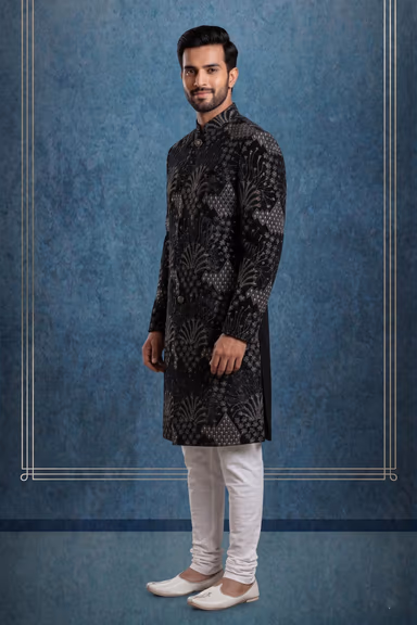 Luxurious Black Velvet Sherwani Showcasing Majestic Silver Geometric And Floral Embroidery Throughout… — view 3 of 3