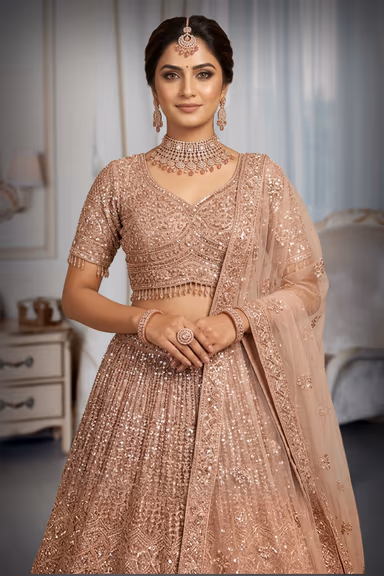 Glamorous Rose Gold Lehenga Drenched In Heavy Sequin Work Featuring A Detailed Scalloped Border Blouse And… — view 1 of 3