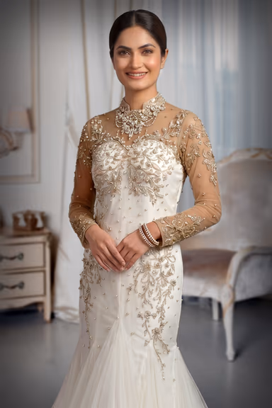 Breathtaking White Mermaid Silhouette Bridal Gown Crafted With Exquisite Floral Embellishments Sheer Illusion… — view 1 of 2