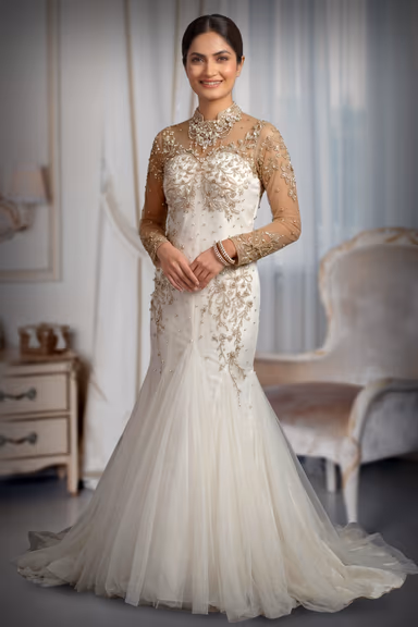 Breathtaking White Mermaid Silhouette Bridal Gown Crafted With Exquisite Floral Embellishments Sheer Illusion… — view 2 of 2