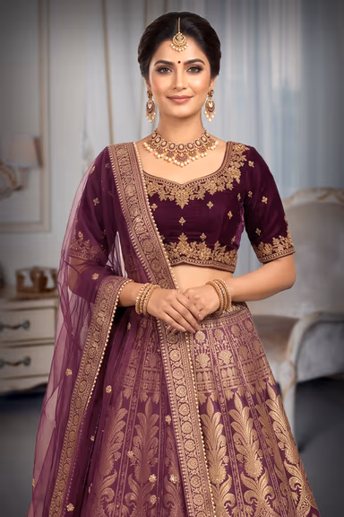 Royal Deep Purple Lehenga Showcasing Traditional Gold Banarasi Patterns Paired With A Matching Embroidered… — view 1 of 3