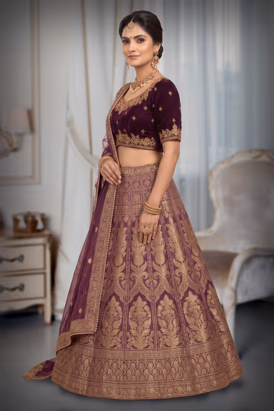 Royal Deep Purple Lehenga Showcasing Traditional Gold Banarasi Patterns Paired With A Matching Embroidered… — view 3 of 3