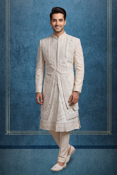 Elegant Ivory Threadwork Sherwani Set for Grand Wedding — view 1 of 3