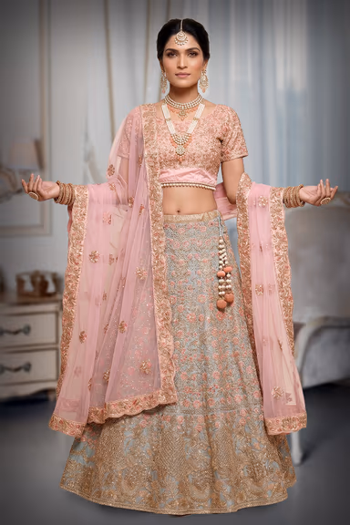 Soft Pink Lehenga With Floral — view 2 of 3