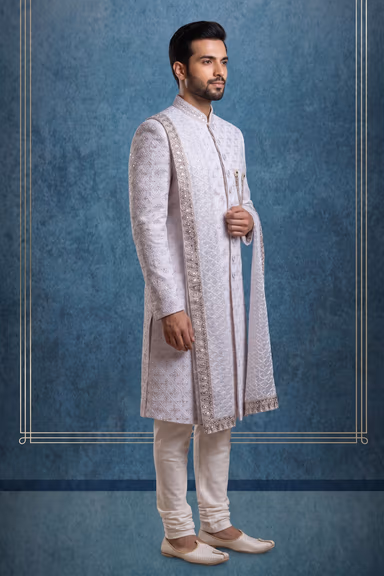 Off White Jaquard Fabric Heavy Sherwani With Beadswork Along With Threadwork And Matching Pants With White… — view 3 of 3