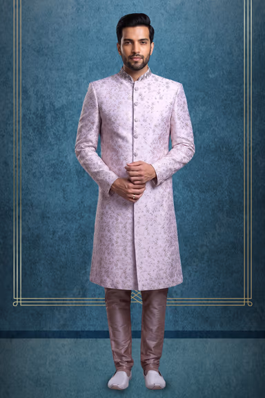 Baby Pink Colour Jaquard Textured Single Sherwani With Minimal Stone Work Embellishment — view 1 of 3