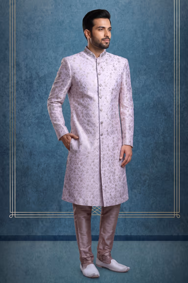 Baby Pink Colour Jaquard Textured Single Sherwani With Minimal Stone Work Embellishment — view 3 of 3