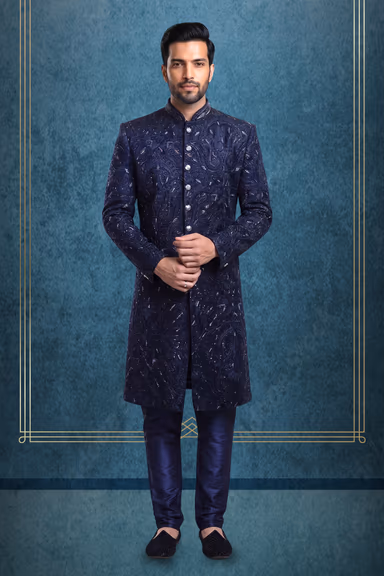 Dark Navy Blue Heavy Beadswork Embellished Sherwani — view 1 of 3