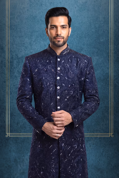 Dark Navy Blue Heavy Beadswork Embellished Sherwani — view 2 of 3