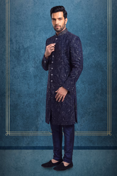 Dark Navy Blue Heavy Beadswork Embellished Sherwani — view 3 of 3
