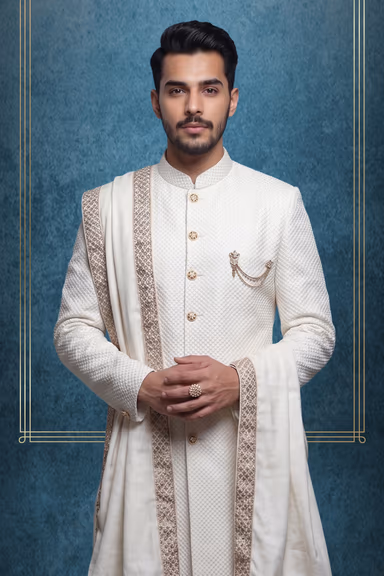 White Jaquard Fabric Heavy Jacket Sherwani With White handworked Inner Kurtha ,Matching Pants And White Shawl — view 2 of 3