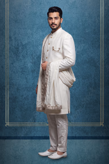 White Jaquard Fabric Heavy Jacket Sherwani With White handworked Inner Kurtha ,Matching Pants And White Shawl — view 3 of 3