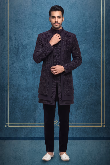 Navy Blue Jaquard Fabric Heavy Sherwani With Textured Inner Kurtha And Matching Pants — view 1 of 3