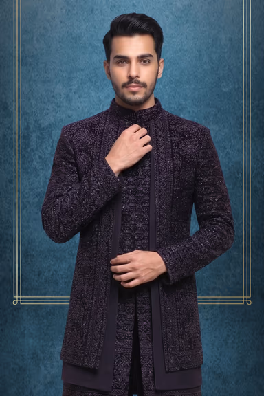 Navy Blue Jaquard Fabric Heavy Sherwani With Textured Inner Kurtha And Matching Pants — view 2 of 3