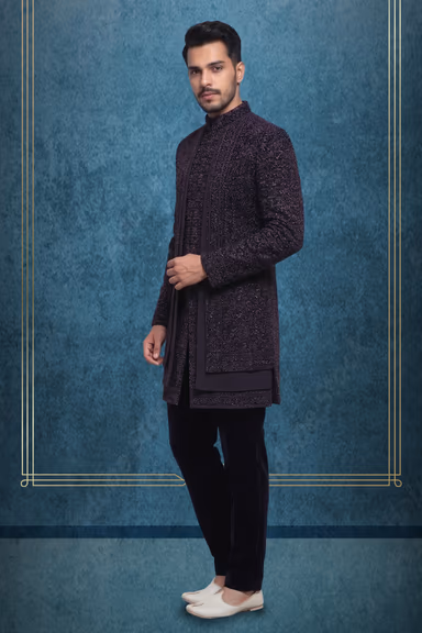 Navy Blue Jaquard Fabric Heavy Sherwani With Textured Inner Kurtha And Matching Pants — view 3 of 3