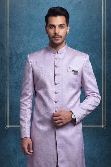 Light Pink Grooms Sherwani With Textured Details Along With White Pajama Pants — view 2 of 3
