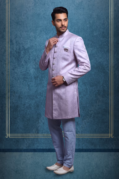 Light Pink Grooms Sherwani With Textured Details Along With White Pajama Pants — view 3 of 3