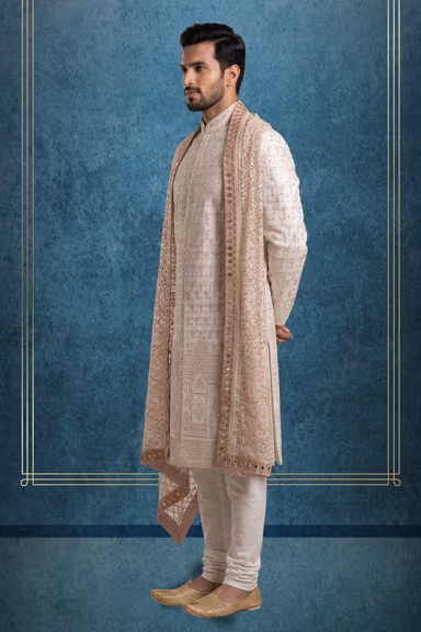 Heavy Threadworked Grooms Sherwani In Rosegold And Ivory Shade — view 3 of 3