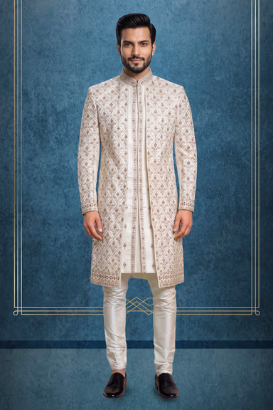 Ivory Jaquard Fabric Heavy Sherwani With Matte White Inner Kurtha And Matching Pants — view 1 of 3