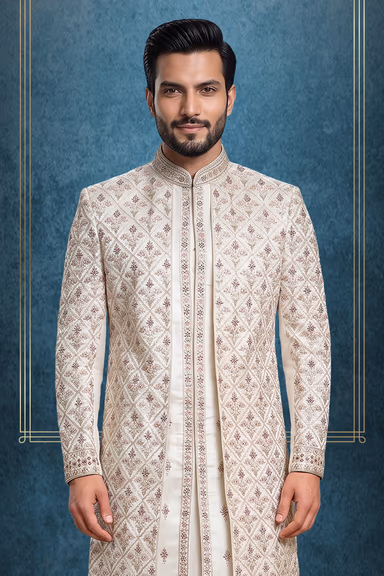 Ivory Jaquard Fabric Heavy Sherwani With Matte White Inner Kurtha And Matching Pants — view 2 of 3