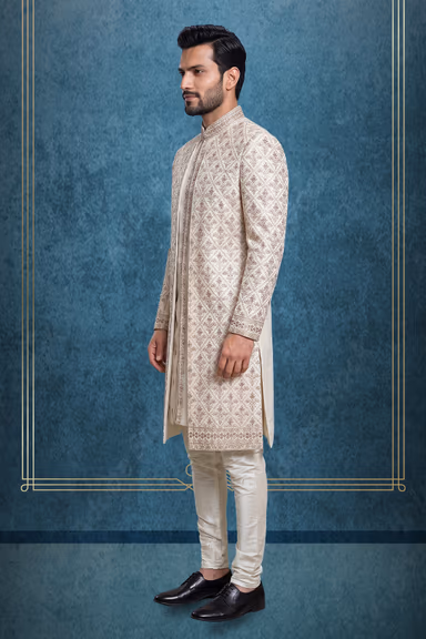 Ivory Jaquard Fabric Heavy Sherwani With Matte White Inner Kurtha And Matching Pants — view 3 of 3