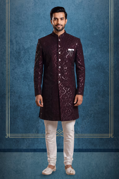 Plum Purple Grooms Sherwani With Heavy Sequins Work Detail — view 1 of 3