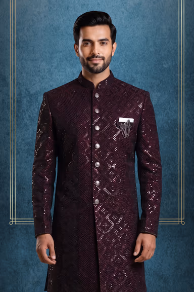 Plum Purple Grooms Sherwani With Heavy Sequins Work Detail — view 2 of 3
