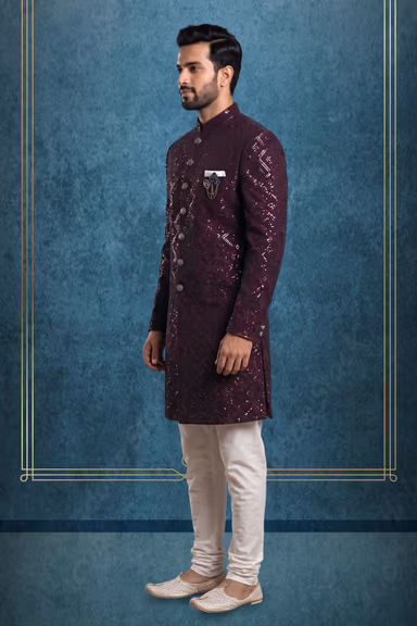 Plum Purple Grooms Sherwani With Heavy Sequins Work Detail — view 3 of 3