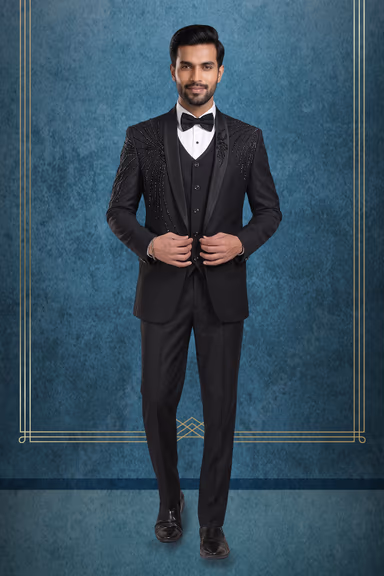 Black Tuxedo Suit with Sequin Embroidered Shoulder Detailing and Satin Lapels — view 1 of 3