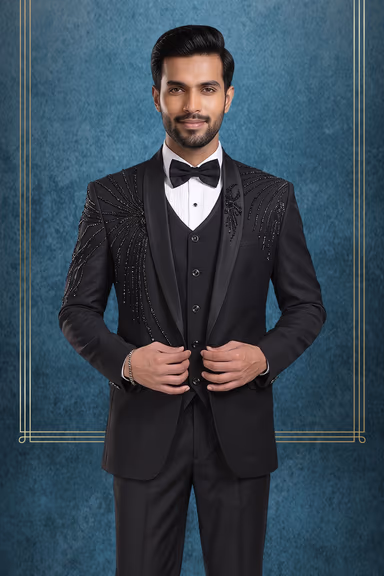 Black Tuxedo Suit with Sequin Embroidered Shoulder Detailing and Satin Lapels — view 2 of 3