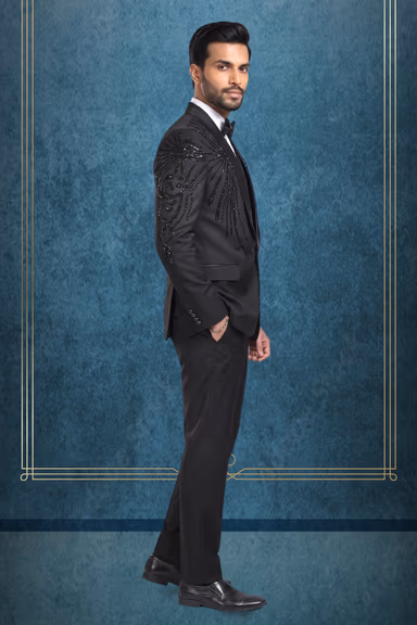 Black Tuxedo Suit with Sequin Embroidered Shoulder Detailing and Satin Lapels — view 3 of 3